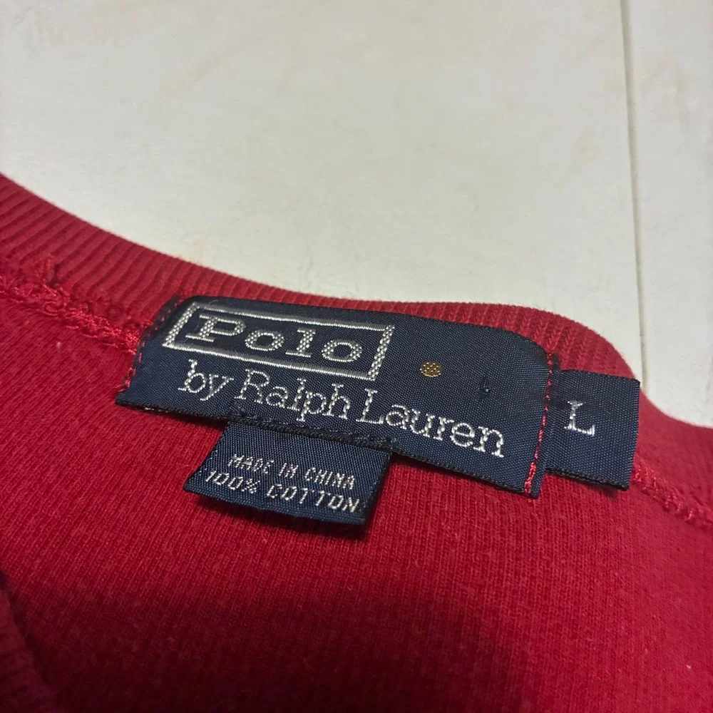 Polo Ralph Lauren Mens Red V-Neck Cotton Knit Sweater Navy Pony Logo Large